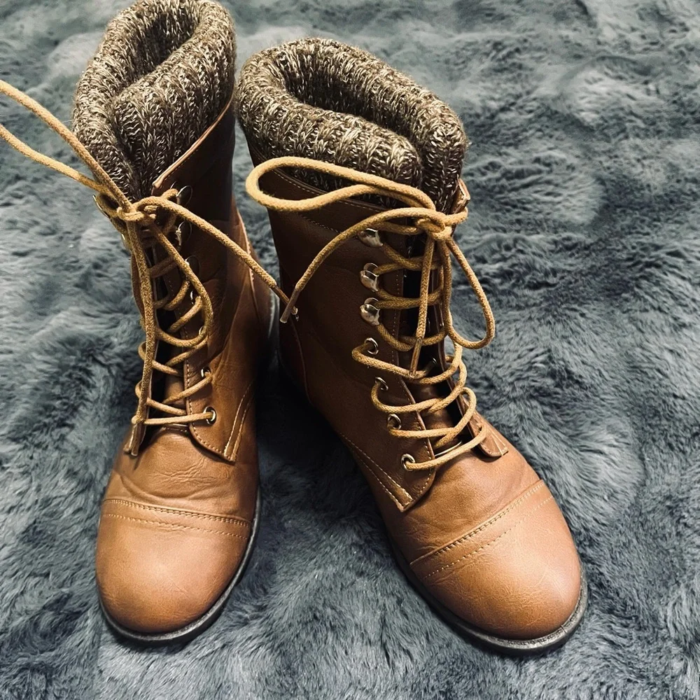 Lucky Top Tan Lace-Up Boots with Knit Cuff